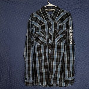 Cowboy Plaid Blue and Black Men's Casual Button Down Shirt